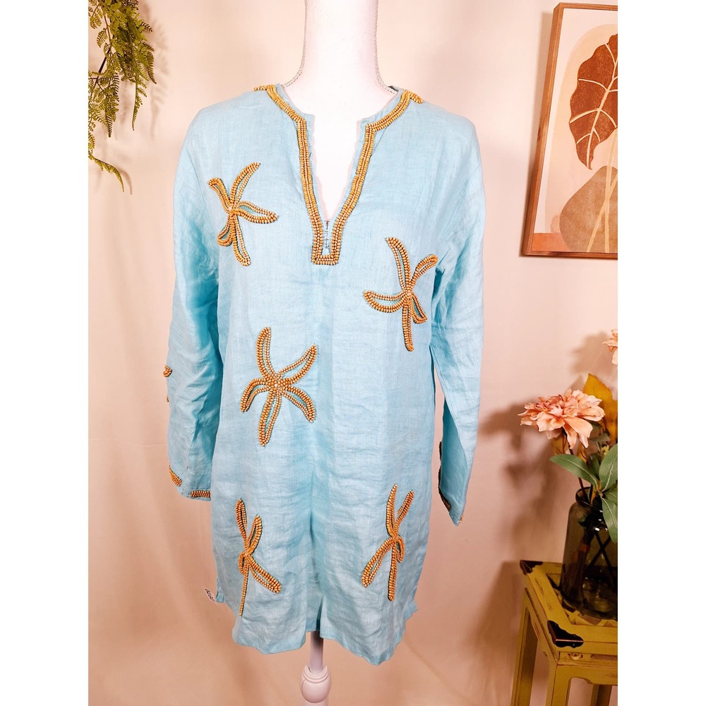 Keylime & Pink Women's Starfish Beaded Tunic Large Made in Pakistan - Picture 2 of 8